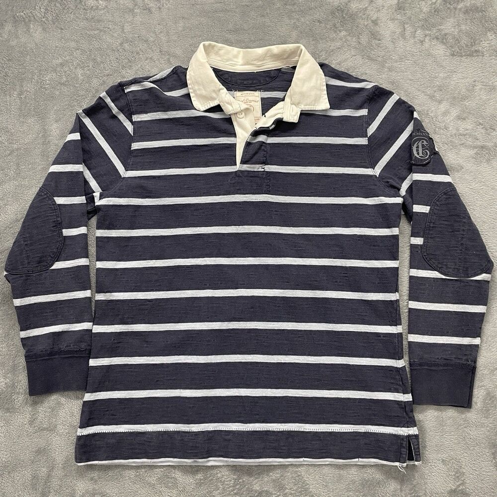 Vintage Red Camel Rugby Shirt Men's XL Navy Grey White Striped Elbow Patch Polo